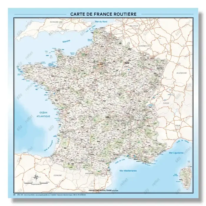 Carte de France Routière – Poster Plastifié 100x100cm